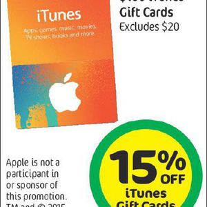 15% off Apple App Store & iTunes Gift Cards (Excludes $20) @ Coles