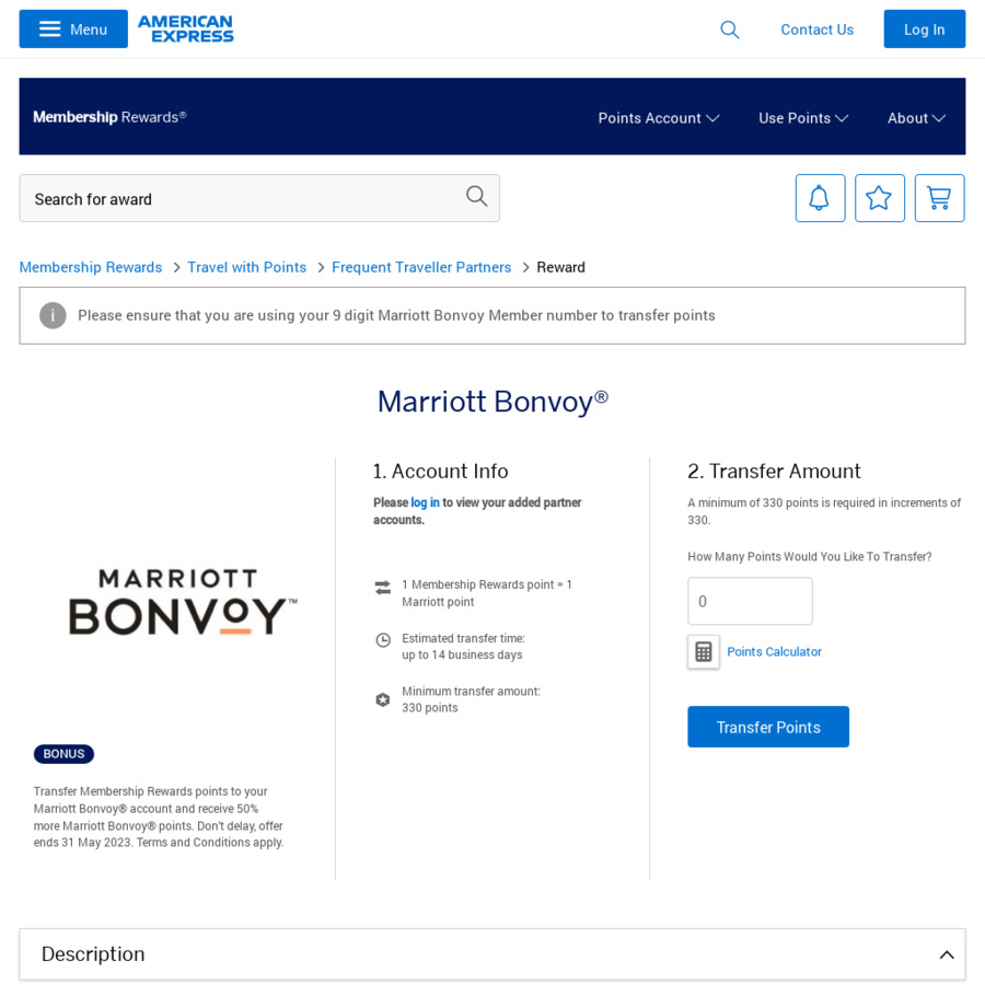 Transfer American Express Points to Marriott & Receive 50 Bonus (E.g