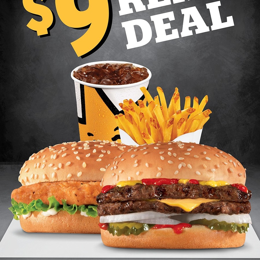 Jr Double Cheeseburger, Jr Chicken Burger, Small Fries and Small Drink