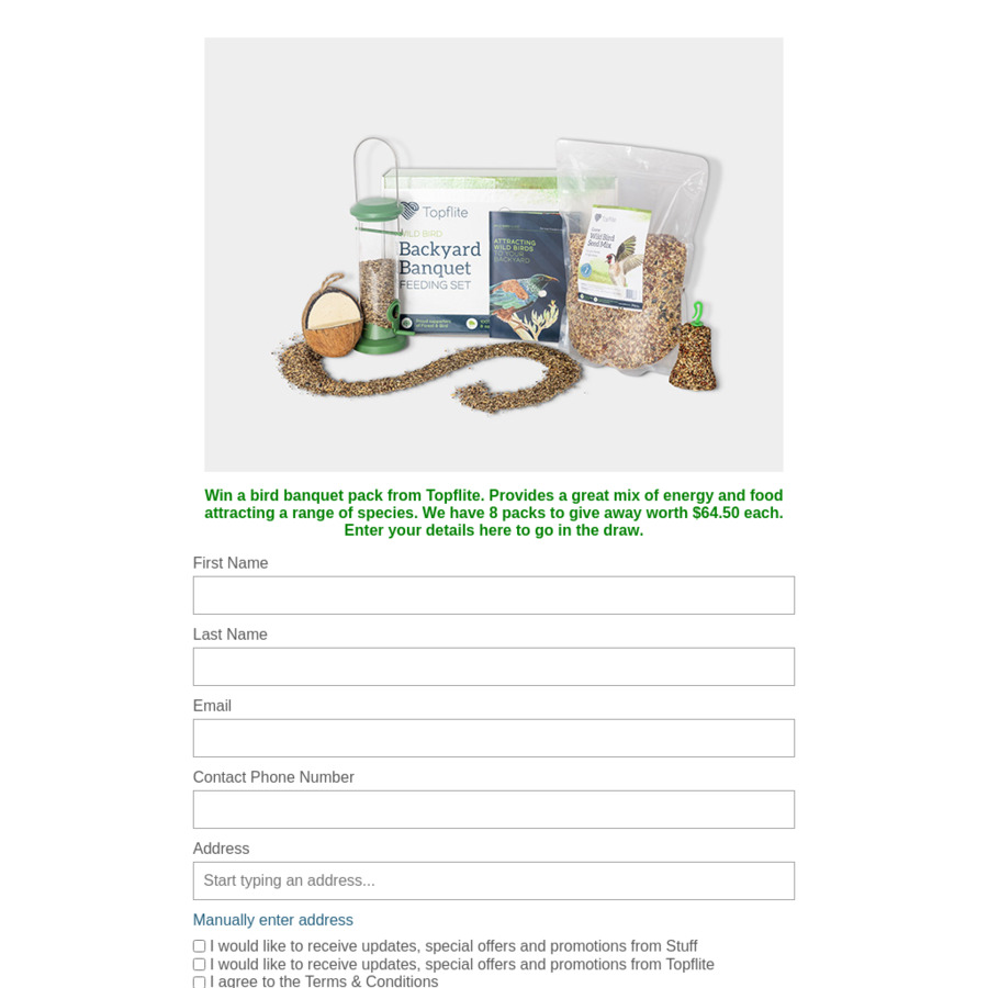 Win 1 of 8 Topflite Backyard Banquet Wild Bird Starter Kits @ Stuff (NZ ... - Non-Stick Frying Pans For Bird Owners Nz