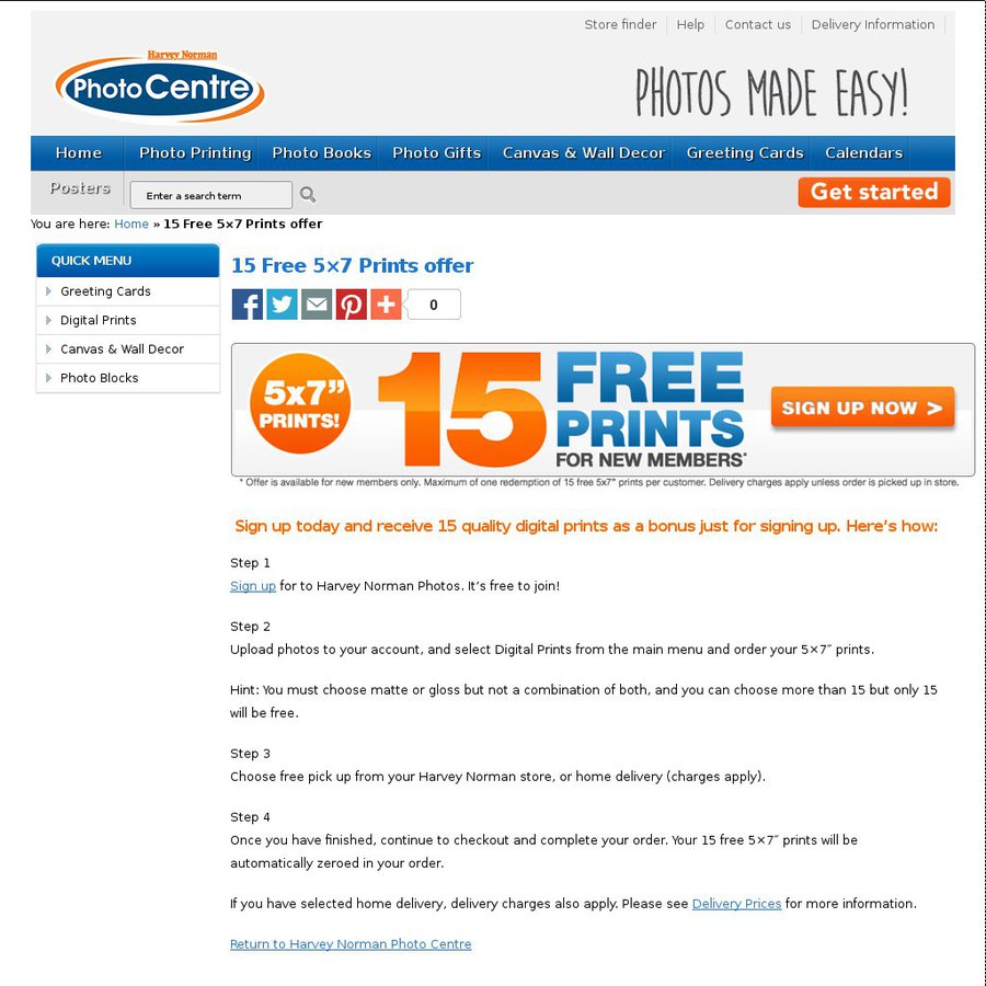 15 FREE 5" x 7" Photo Prints Harvey Norman (8.85 Value) ChoiceCheapies