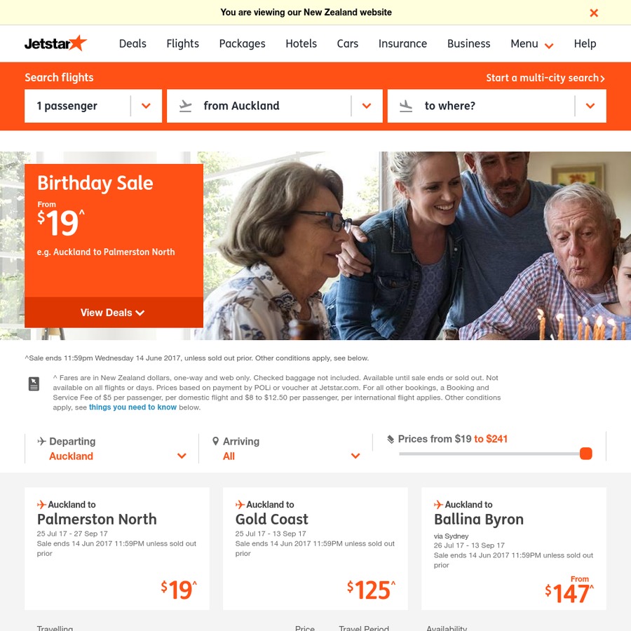 Jetstar Birthday Sale AKL PMR/NPL 38 Return, AKL WLG/CHC 58