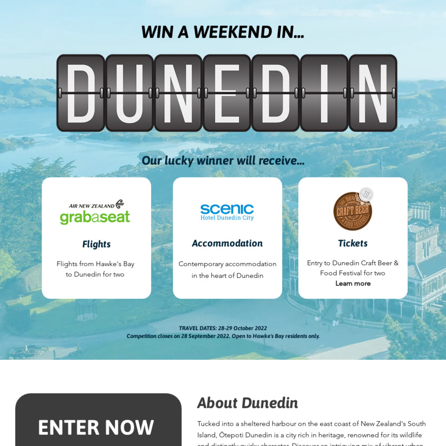 [Hawkes Bay] Win a weekend in Dunedin (flights, hotel, & tickets to