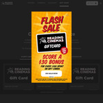 Bonus $30 Gift Card with Purchase of $100 Gift Card @ Reading Cinemas