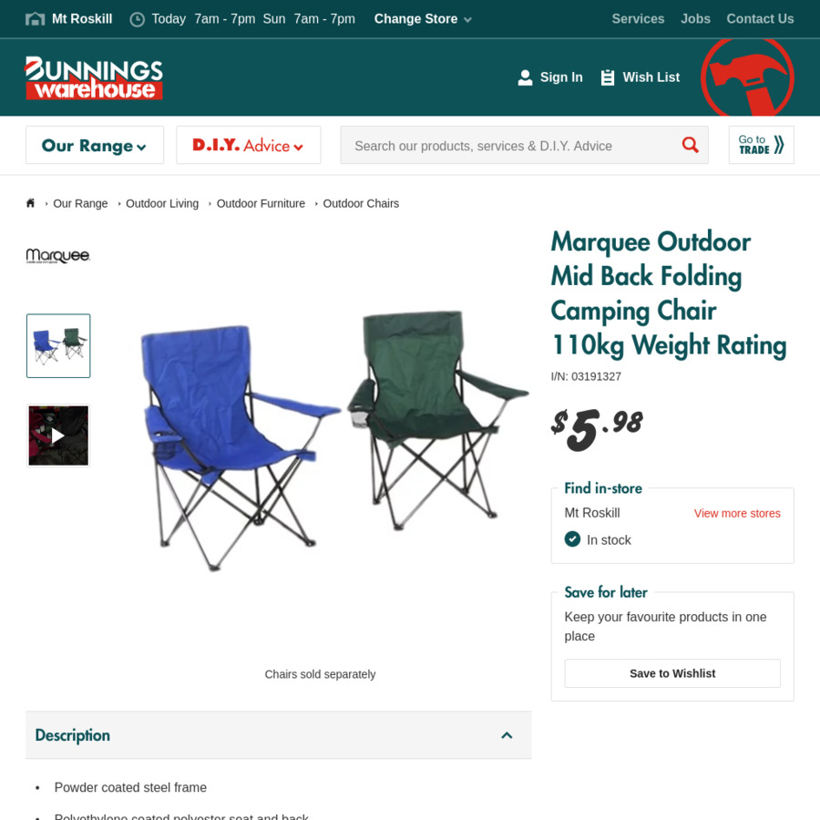 Camping Chair 110kg 4 50 At Bunnings Warehouse Choicecheapies
