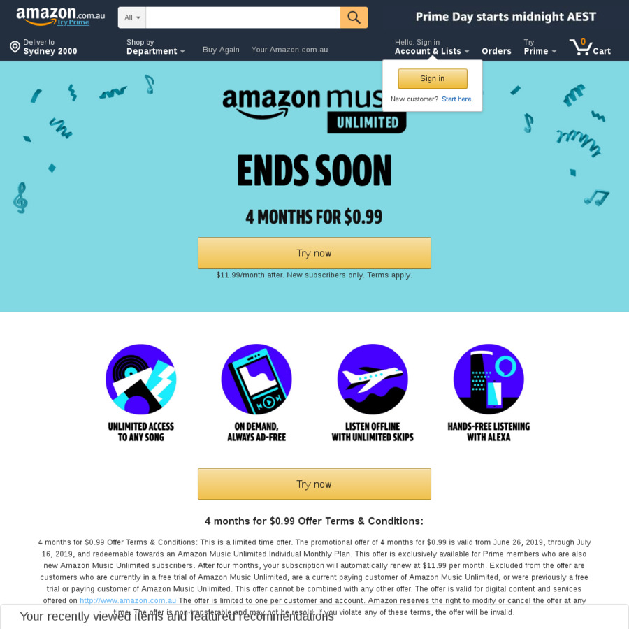 4 Month of Amazon Music (No Ads, Unlimited, Listen Offline) 0.99 AUD