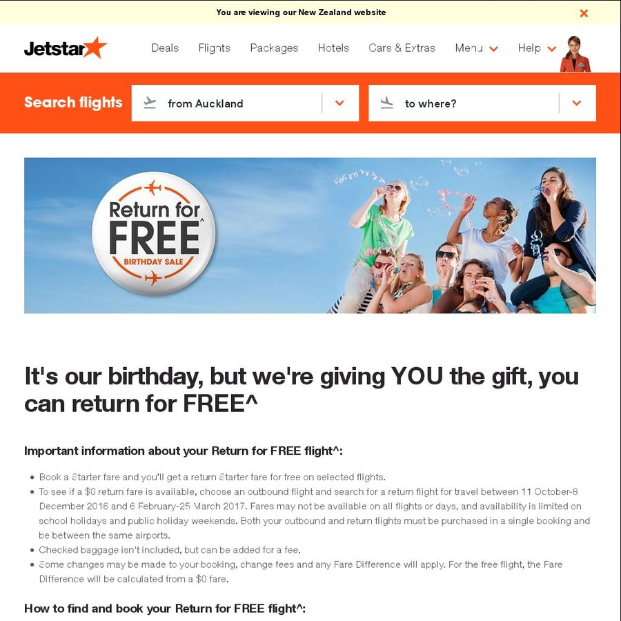 Jetstar Birthday Sale Buy One Flight, Get Return for FREE (WLGMEL