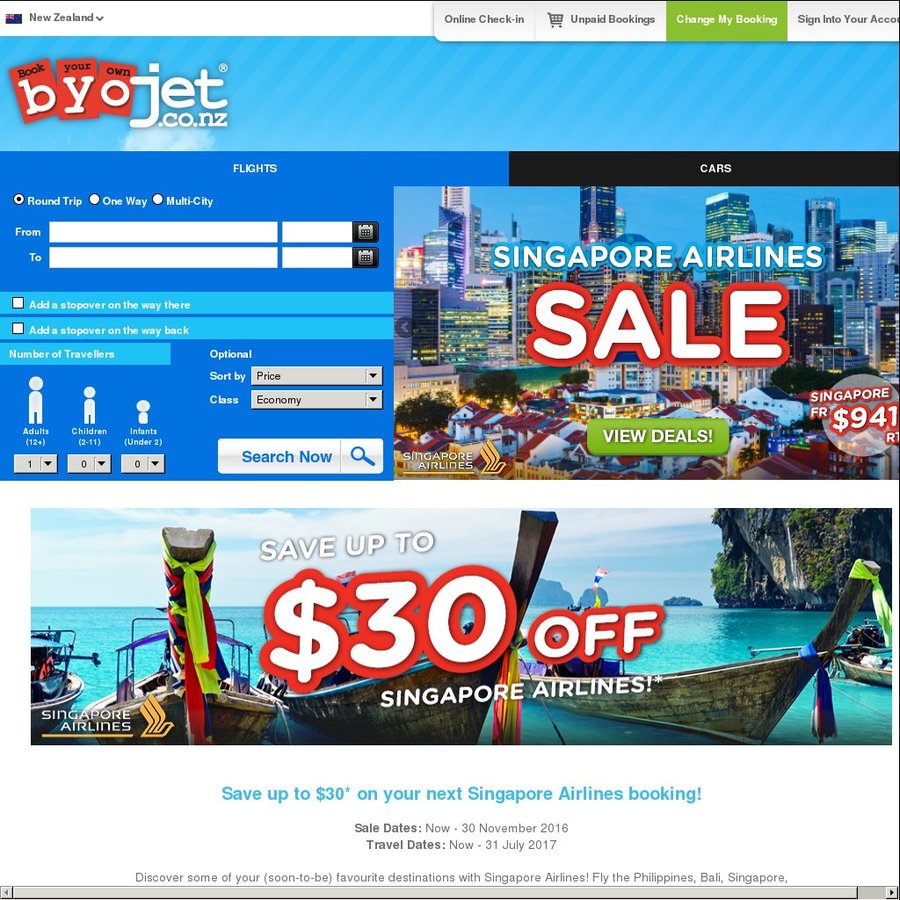 30 off Singapore Airlines with Promo Code Byojet ChoiceCheapies