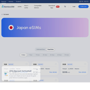 Japan eSIM (KDDI/au) 5G Unlimited Data + Hotspot — from $12.83 (25% off) @ BambooSIM