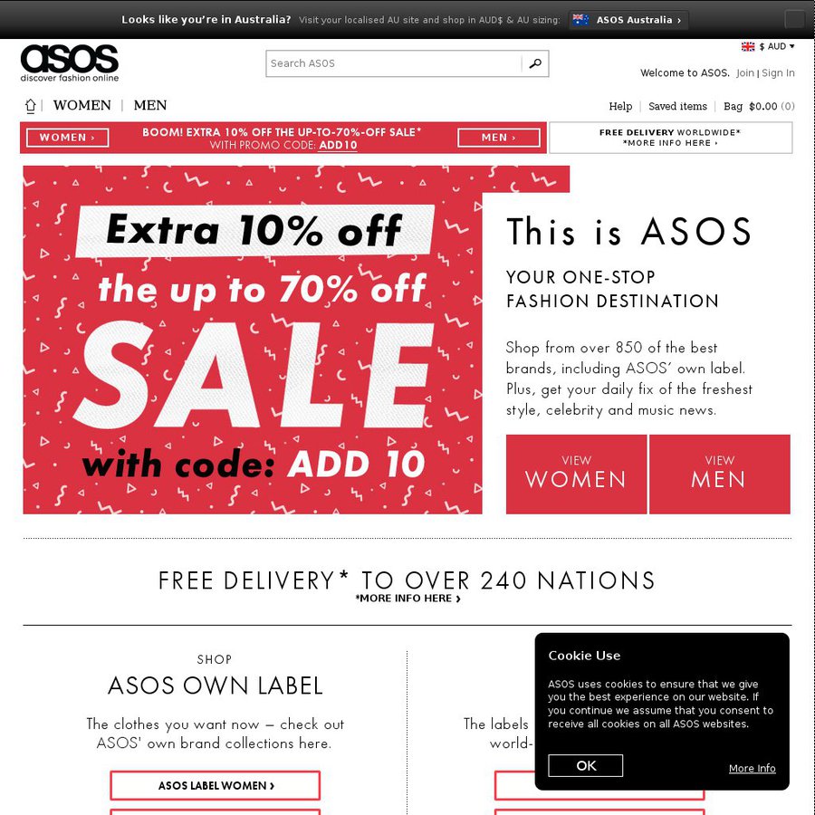 Extra 10 off Sale Items (up to 70 off), Free Shipping over 40 ASOS