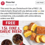 Pizza Hut - Christchurch Only | FREE 1.5L Coke & Garlic Bread with Any Online Delivery Order over $20