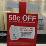 50¢ off Cow and Gate 2 Litre Milk with Any Purchase @ The Warehouse
