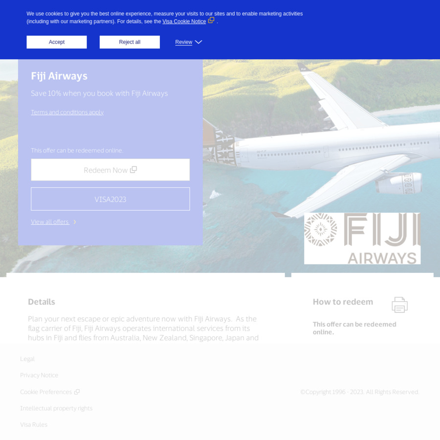 Fiji Airways 10 off Flights (to Fiji / Transit to Fiji) with VISA