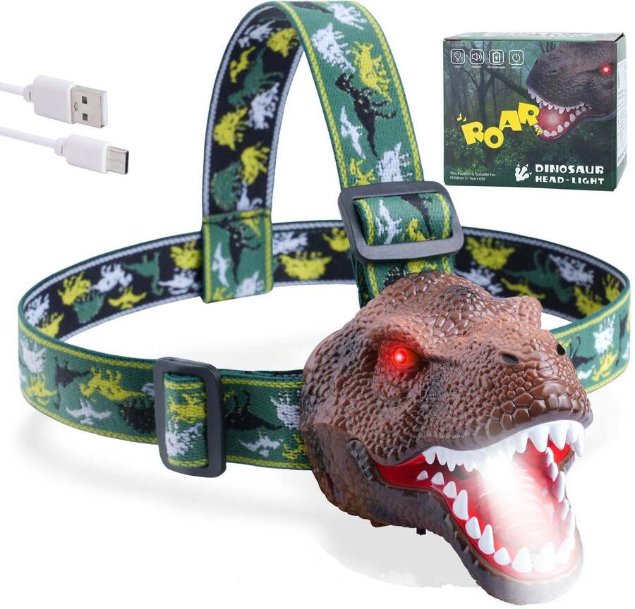 Lelefa Dinosaur Kids Headlamp, T-Rex Dinosaur Led Headlamp Flashlight, Dinosaur Toy Headlamp Flashlight With 4 Lighting Mode For Boys, Girls' Camping, Hiking, Reading And Party (Green