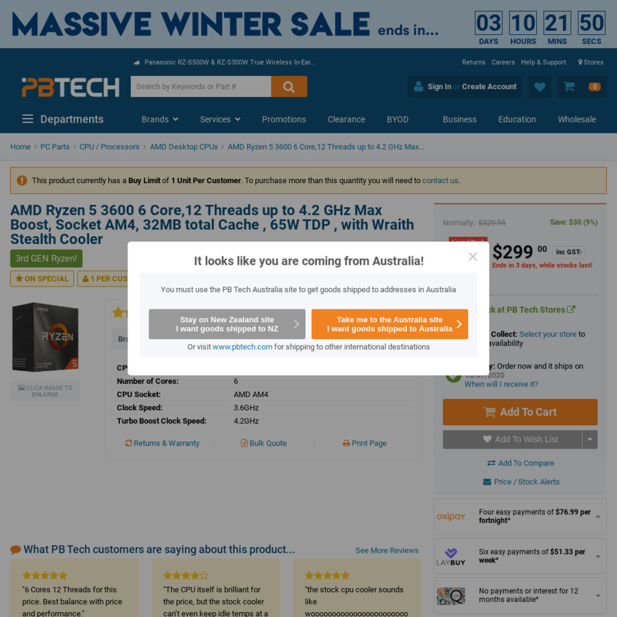 AMD Ryzen 5 3600 6core Processor $299 @ PB Tech  ChoiceCheapies