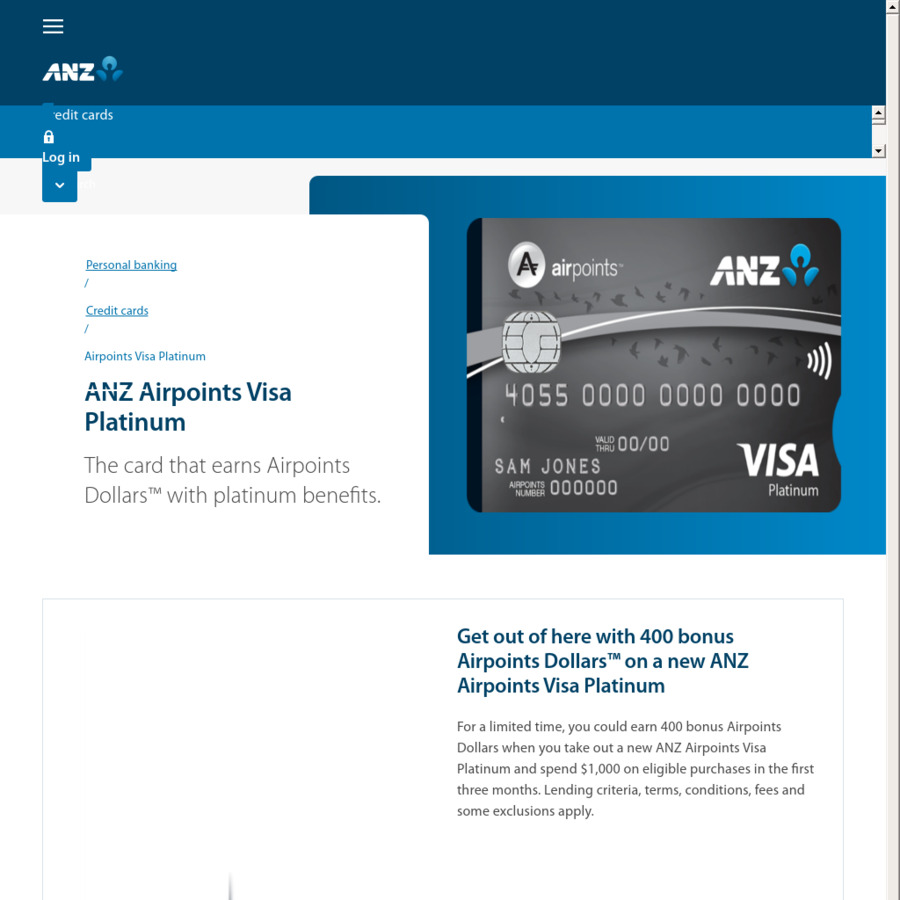 ANZ Airpoints Visa Platinum: Signup & Receive 400 Airpoints with $1000