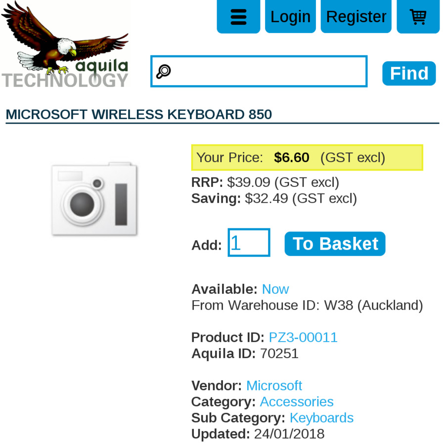 Microsoft wireless keyboard 850 7 59 delivery aquila technology