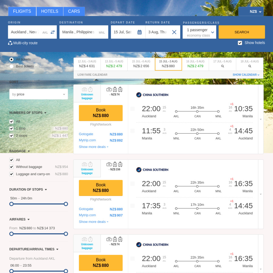Auckland to Manila, Philippines from 820 Return on China Southern
