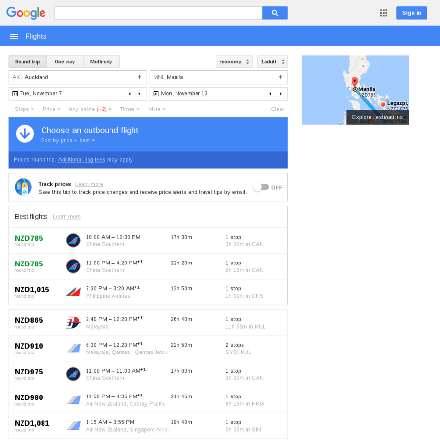 Return Flights to Manila from Christchurch 694, Auckland 699