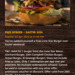 Free Burger (Valued at $24, No Spend Required) This Easter Weekend @ Lone Star (with App)