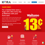 Kora Card: Save $0.13/L (All Grades) @ Waitomo (Participating Stations)