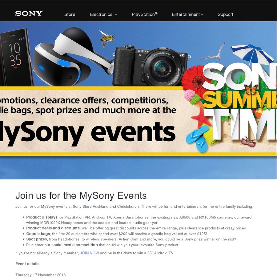 My Sony Event. Auckland 17 Nov Christchurch 24 Nov 20 off Online 6pm