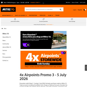 Earn 4x Airpoints Storewide (Exclusion’s Apply) @ Mitre 10