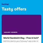 Free 6-Inch Sub with Any 6-Inch Sub & Drink Purchase (Equal or Less Value) @ Subway (Participating Restaurants, Subcard Members)
