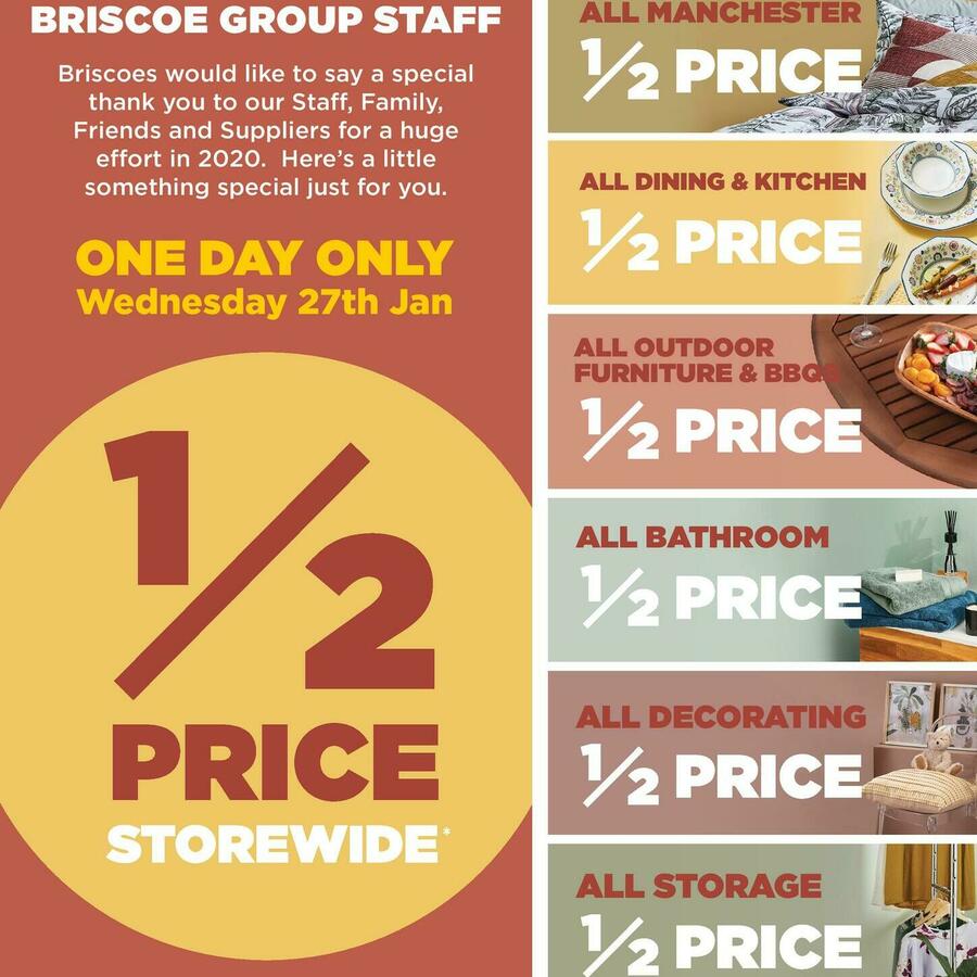 Half Price Storewide Briscoes (Friends & Family) 27th Jan Wednesday