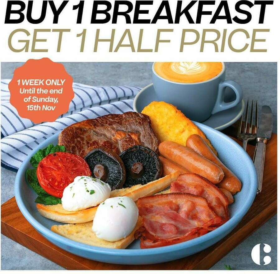 Buy 1 Breakfast, Get 1 Half Price (on Allday Breakfast items) at
