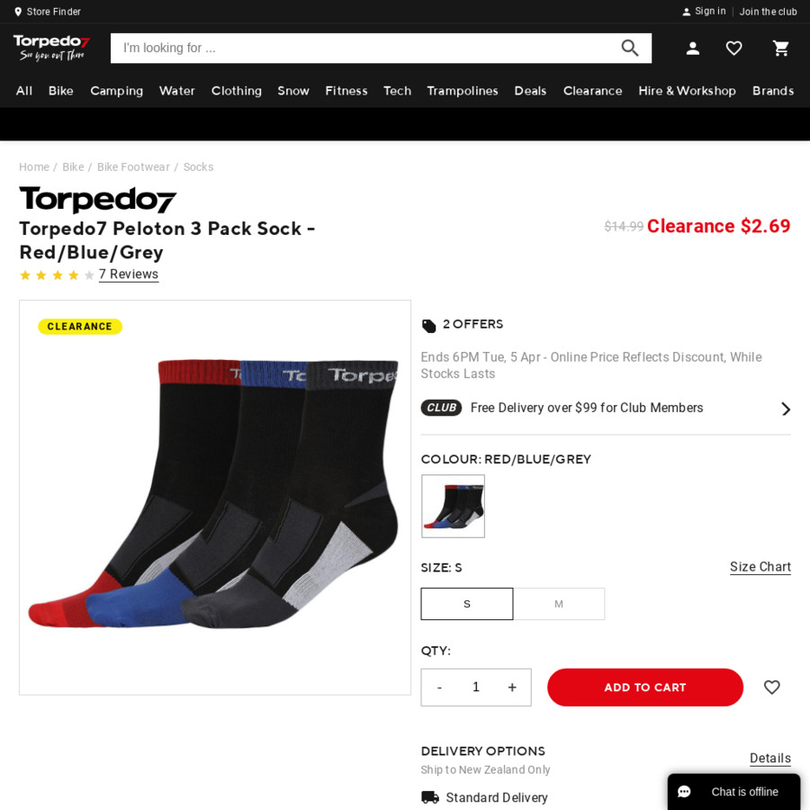 T7 Peloton 3 Pack Sock (Red/Blue/Grey - Size S, M) $2.69 (Was $14.99 ...