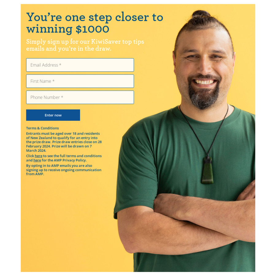 Sign up to KiwiSaver Top Tips Email to be in to Win 1,000 from AMP