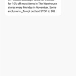 Warehouse - 10% off Mondays in November (WH Mobile Mondays)