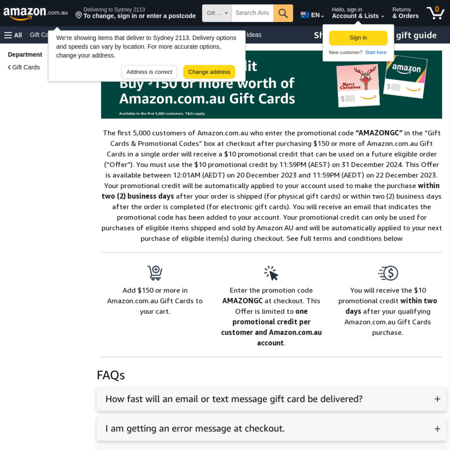 A10 Promo Credit with A150 Spend on Amazon AU Gift Cards (First 5000
