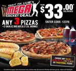 Any 3 Pizzas + 2 Garlic Breads + 2 1.5L Drinks - $33 Delivered @ Domino's Pizza