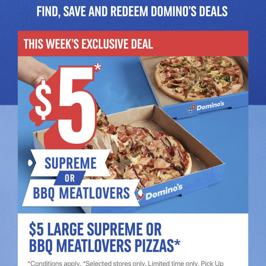 Large Bbq Meatlovers Or Large Supreme Pizza 5 Pickup Only Domino S Wallet App Select Stores