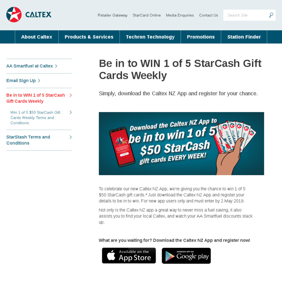 Win 1 of 5 $50 Caltex StarCash Gift Cards Weekly from Z ...