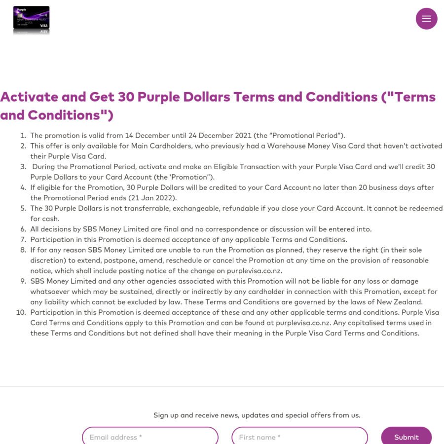 Purple Visa Activate New Card and Get 30 Purple Dollars (Warehouse