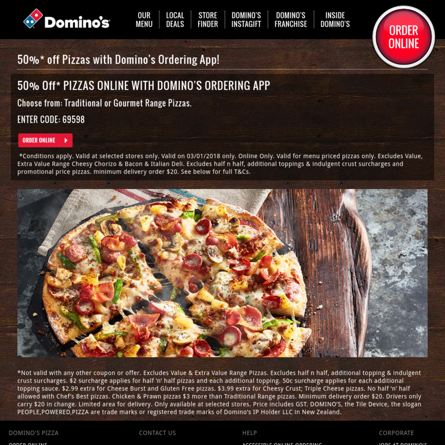 50% off Traditional/Gourmet Pizzas @ Domino's (Via Mobile ...