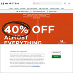 40% off Almost Everything Sitewide + Extra 12% off via Code + Extra 5% off via App + $10 off First Order via Refer @ MyProtein