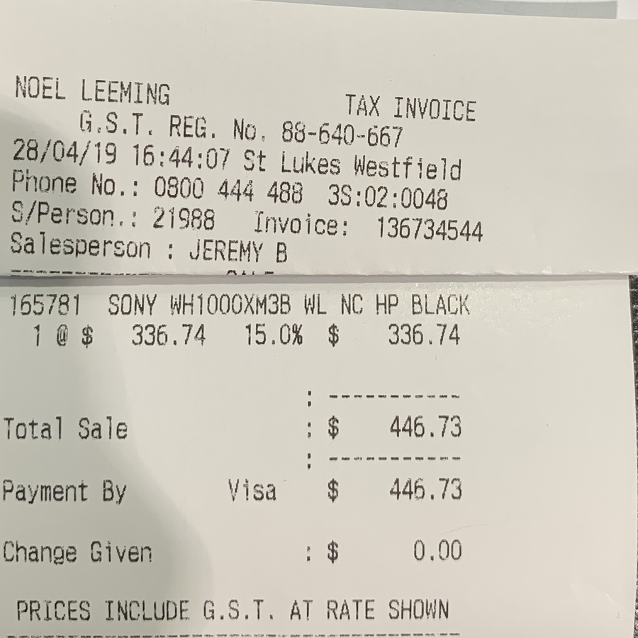 Sony WH1000XM3 Noise Cancelling Headphones 336.74 Noel Leeming