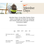 Return a Used Pair of Shoes for Recycling and Receive 40% off a New Pair of Shoes @ Nike Factory Store (Auckland)
