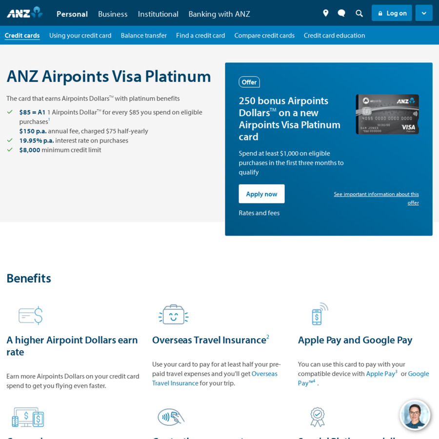 250 Bonus Airpoints Dollars on a New ANZ Airpoints Visa Platinum Card