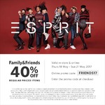 40% off ESPRIT Regular Priced Items (Family & Friends) Thu 18 May to Sun 21 May 2017
