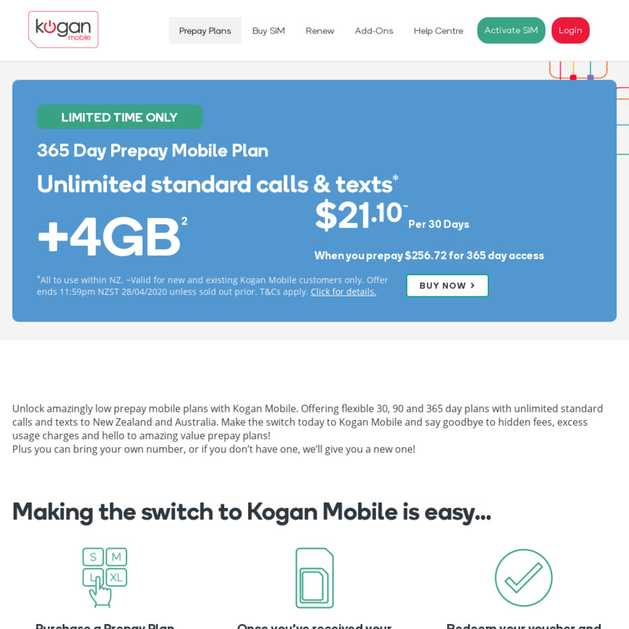 Kogan Mobile 32GB Unlimited Calls/Text for 34.90/Month if You Pay 12