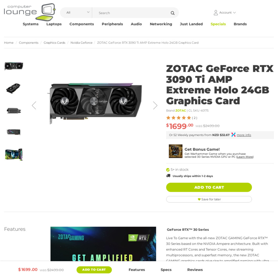 ZOTAC GeForce RTX 3090 Ti AMP Extreme Holo 24GB Graphics Card 1699