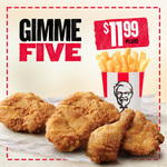 5 Chicken + Regular Chips $11.99; Zinger Burger, Wicked Wing, Regular Chips + Potato & Gravy $9.99 (Select Stores) & More @ KFC