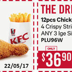 1 Piece of Chicken + Any Regular Side $3.90 | 12 Pieces of Chicken, 4 Crispy Strips, Any 3 Large Sides $36.90 @ KFC