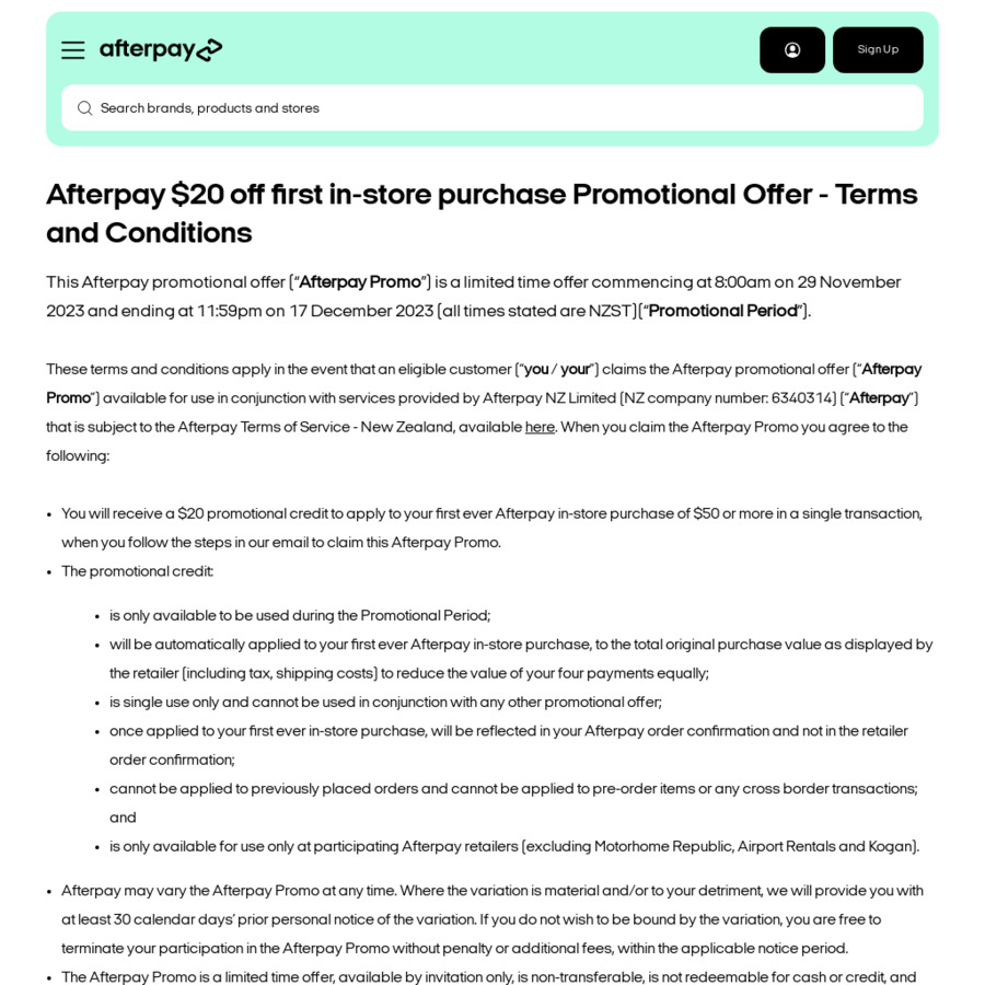20 off 50 Spend on First inStore Purchase Afterpay App (Existing
