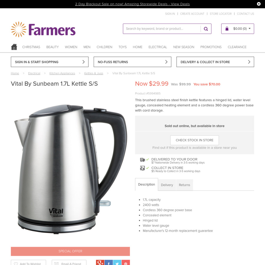 Sunbeam Vital Range for Sale at Farmers Like 1.7l Kettle for 30 at